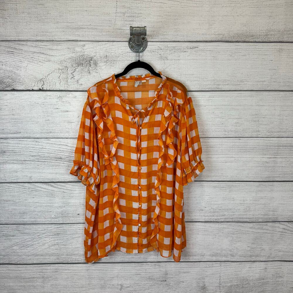 Women’s Orange Gingham Ruffle Button-Front Top